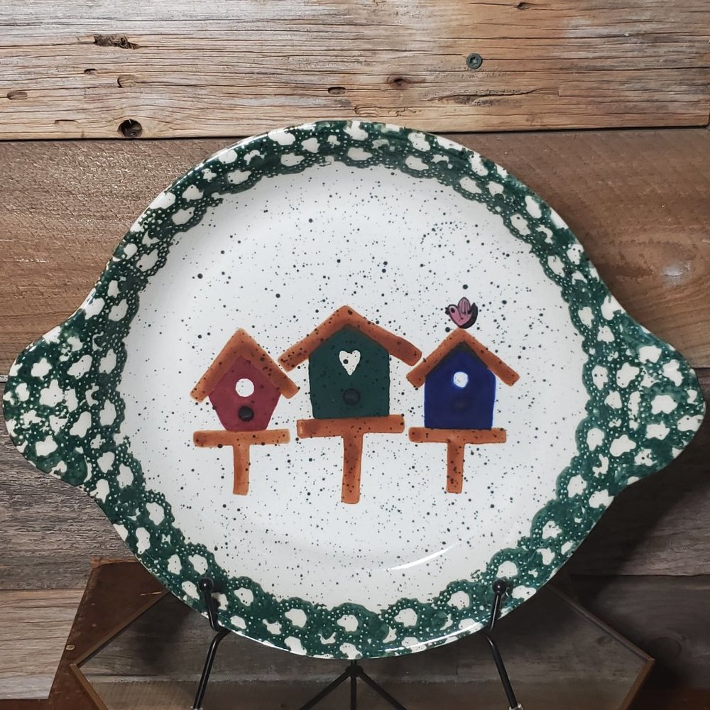 Spongeware Clay Glazed Finish Baking Dish - 3 Birdhouses - Beige Green, Red, Cob